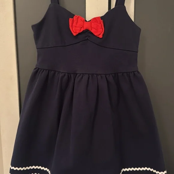 Janie and Jack Girls 6 Navy Sundress with Red Bow and White Trim - Picture 3 of 9